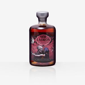 A bottle of Mor Ladron Salted Caramel Rum with a label featuring a pirate and nautical elements, indicating a possibly adventurous or pirate-themed brand.